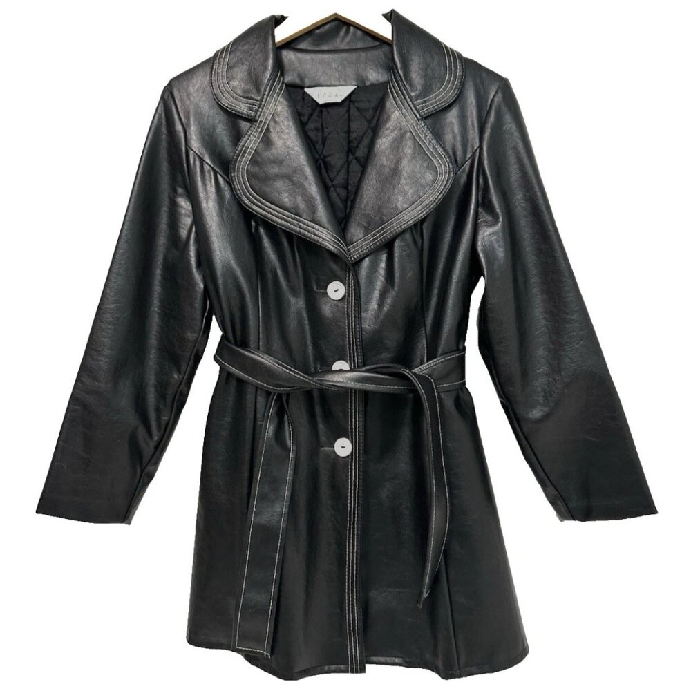 M Vtg 60s 70s Black Faux Leather Vinyl Penny Lane Boho Mod Hippie Belted Jacket